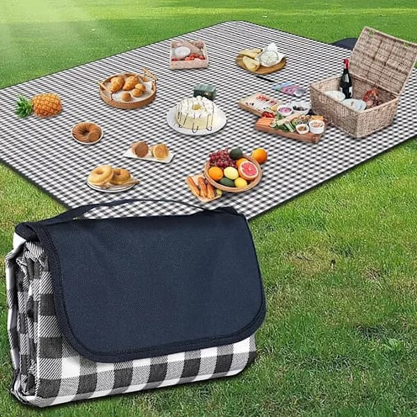 Stort picnictæppe, 200 x 200 cm strandtæppe, vandtæt bagside, maskinvaskbart og foldbart (blåternet)