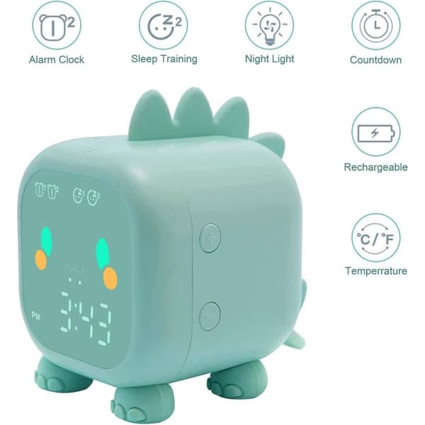 Cute Kids Alarm Clock, Multifunctional Adjustable Night Light Countdown Snooze Voice Control Rechargeable Clock (Green)