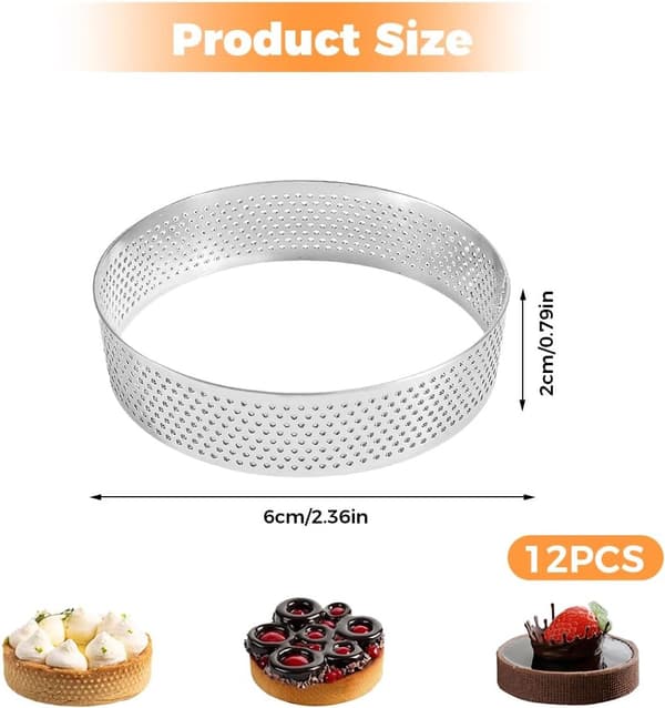 12-pak Mousseforme 6 cm Rustfrit Stål Perforerede Dessertringe til Kager Mini Pizza Muffins Bagning Køkkenredskaber