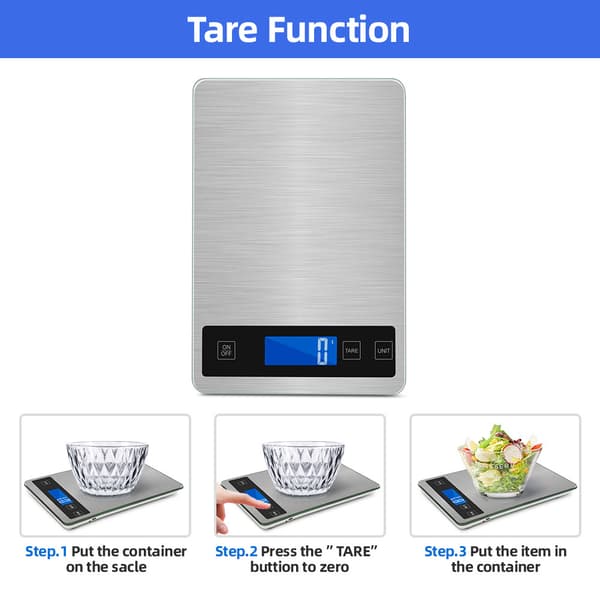 Digital Kitchen Scale, Rechargeable Stainless Steel Electronic Scale with LCD Display, 15kg/1g silver