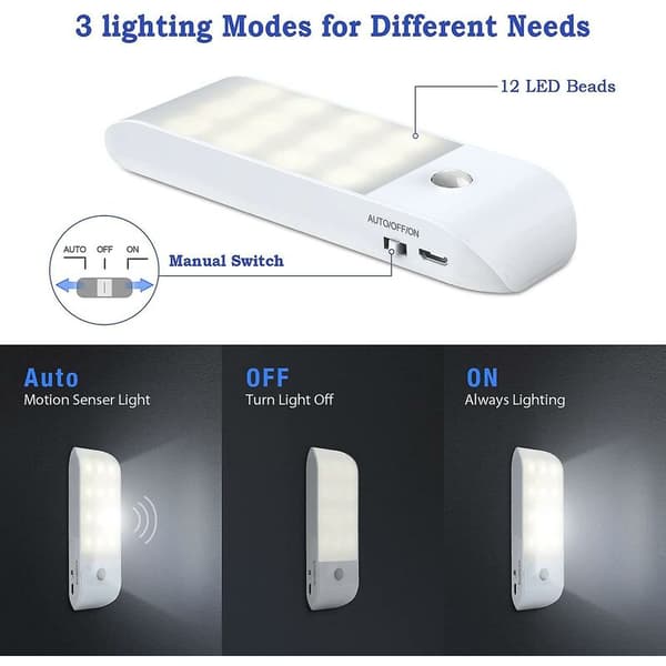 Automatic LED Night Light, USB Rechargeable Motion Sensor Night Light, ON/AUTO/OFF, Natural White Wardrobe Light, Magnetized, for Living Room, Bedroom