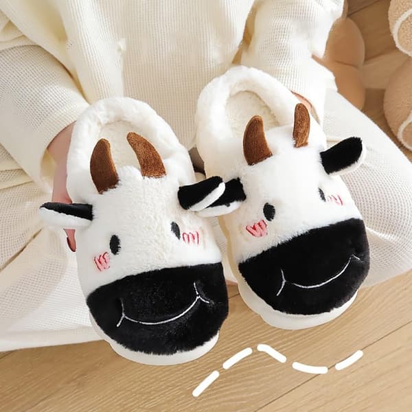 Søde ko-hjemmesko, skridsikre hjemmesko, komfortable og varme hjemmesko, kawaii-hjemmesko, hvide/sorte bløde bundsko til børn