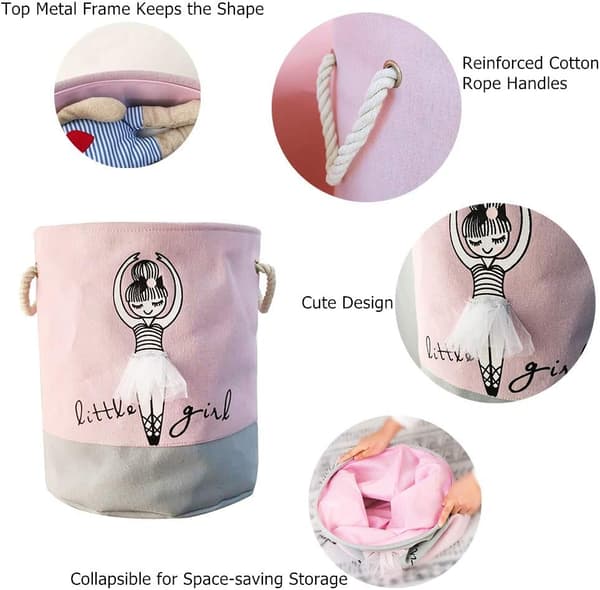(Ballet/Rose) Storage Basket for Girls' Room, Foldable Fabric Laundry Hamper