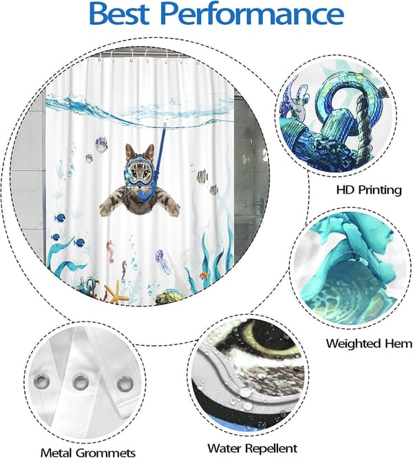 Hauska kissa suihkuverhosetti sinivihreä meri valtameri vedenpitävä kangas