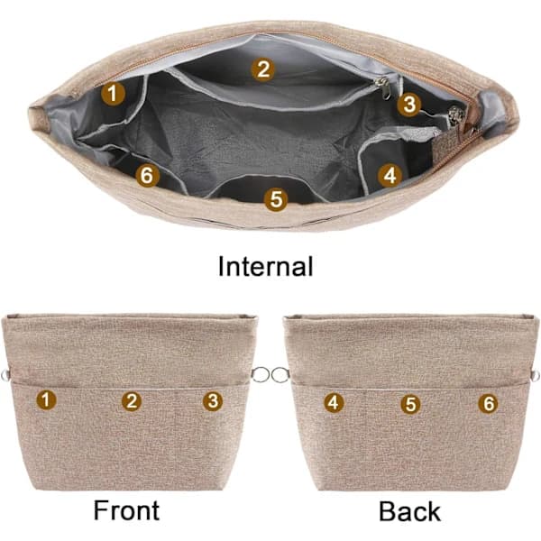 Handbag Organizer, Tote Bag Insert with Multiple Compartments and Zippers, Sturdy Bag Insert with Keychain. Light Brown, S S