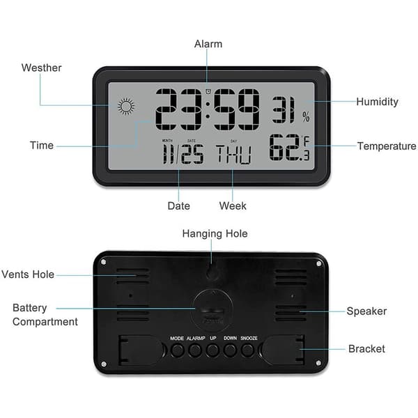 Wall clock with alarm, digital wall clock, with date, week, indoor temperature and humidity, battery-powered black