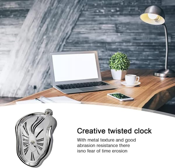 Novelty Melting Clock, Creative Modern Wall Clock, Retro Twisted Melting Time Clock for Home Kitchen Office Table Decoration (Silver)
