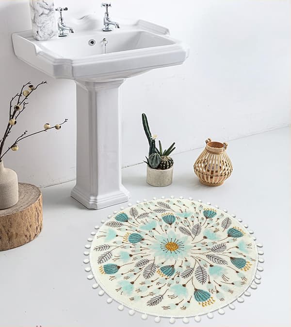 Small Round Rug 2' Circle Cute Bath Mat with Pom Pom Fringes Floor