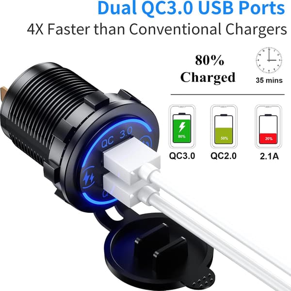 Quick Charge 3.0 dobbelt USB-opladerstik vandtæt 36W 12V 24V