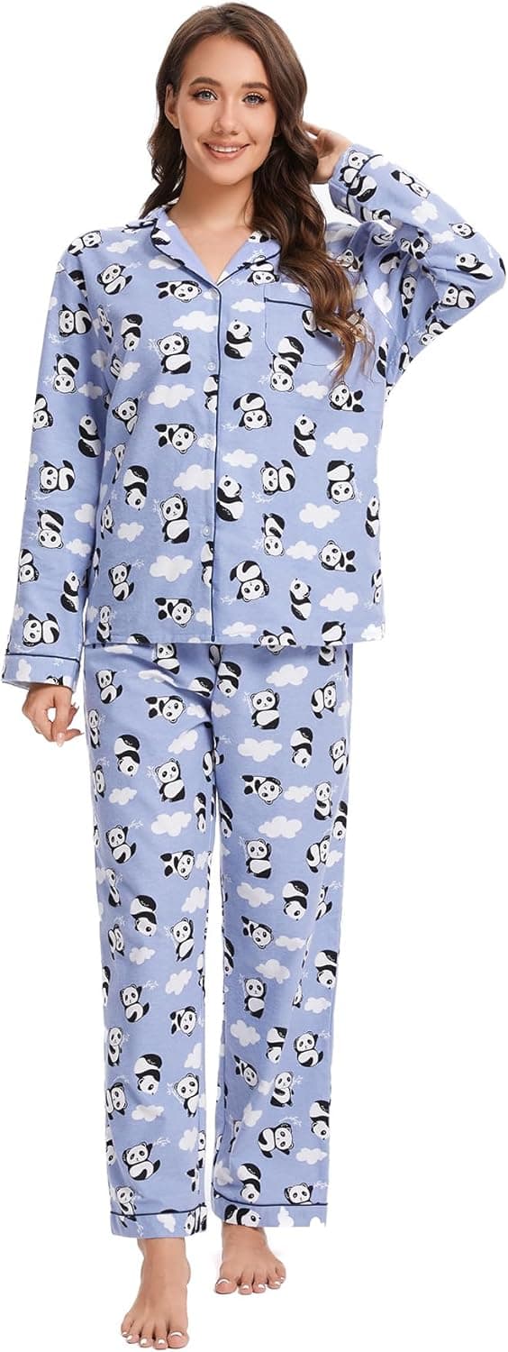 Damflanellpyjamas set borstad bomull knappar toppar byxor S-XL sovkläder mysiga varma vinter blå panda stor Blue Panda Large