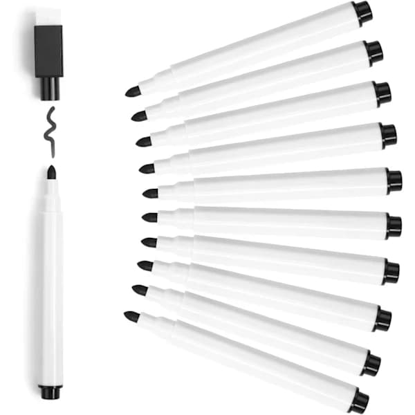 Små whiteboardpenne, 10 stk. sorte whiteboardmarkører med viskelæder, fin spids whiteboardpen til børn