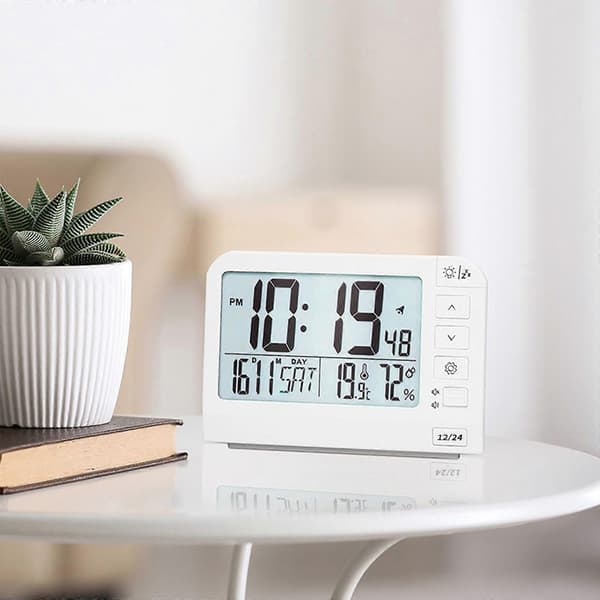 Large Digital Alarm Clock with LCD Screen, Backlight, Temperature, Battery Powered for Students and Professionals, White White