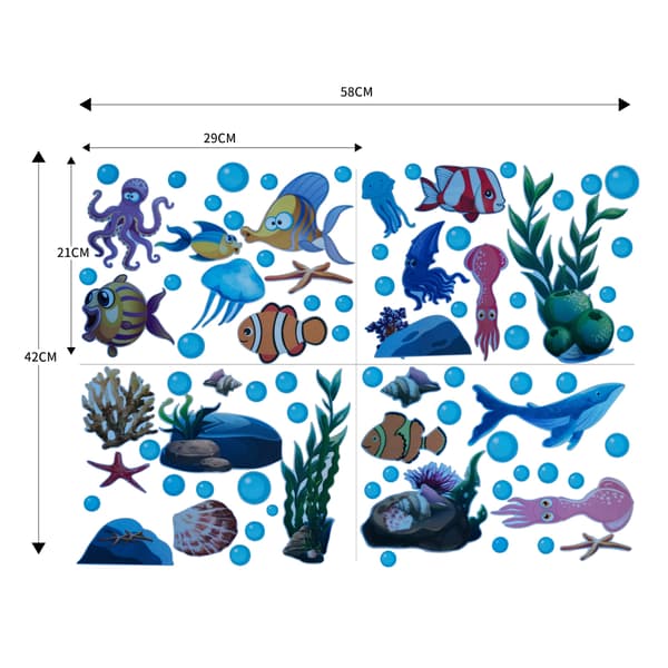 Luminous Ocean Wall Decals, Ocean Theme Fluorescent Stickers Glowing Fish Turtle Jellyfish Wall Decor Underwater