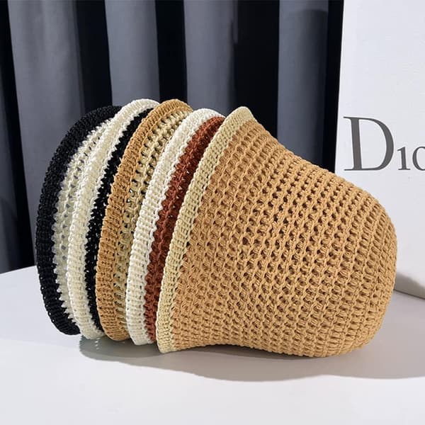 Kvinders sommerbøllehat Mode hæklet strik foldbar strand håndvævet bomuld beige One Size