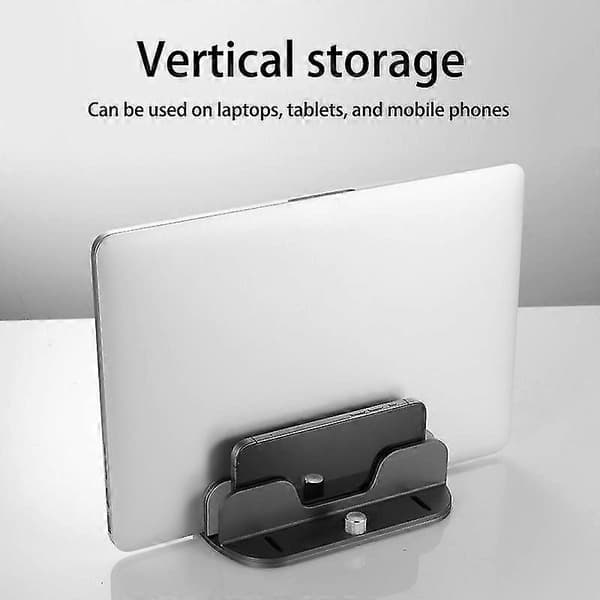 Dobbelt Lodret Opbevaringsbeslag i Aluminiumslegering Bærbart Justerbart Mobiltelefon Tablet PC Laptop Beslag Grå-Sort