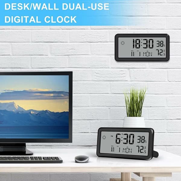 Wall clock with alarm, digital wall clock, with date, week, indoor temperature and humidity, battery-powered black
