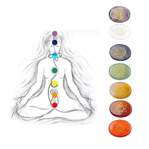 7 stk Chakra Sten Reiki Healing Kvarts Graverede Chakra Symboler Holistisk Balancering Polerede Håndsten