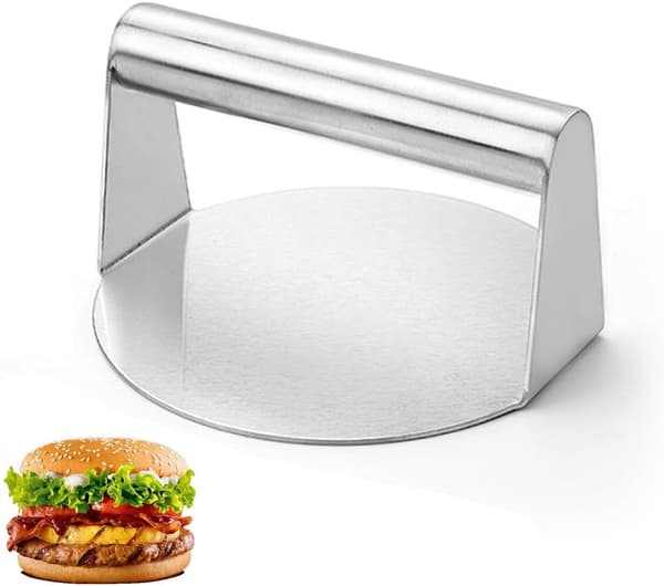 Burgerpresse i rustfrit stål, 14 cm, kraftig, rund burgerform, perfekt til stegeplade, grillmadlavning, bøf