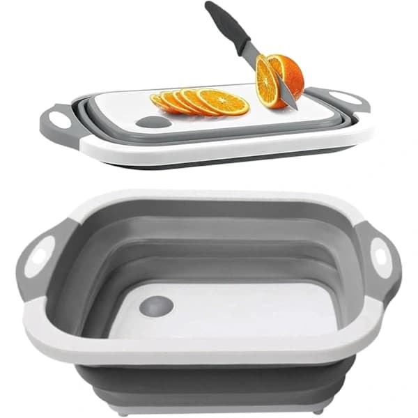 3-in-1 Foldable Cutting Board - Kitchen Tub with Sink & Drain - Space-Saving, Portable for Kitchen, Camping (1 pc, Gray)