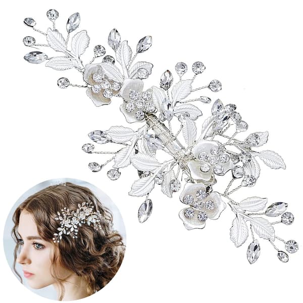 Brud bryllup hår vin hårstykke blomst hodeplagg krystall hodeplagg glitrende perle rhinestone hår tilbehør for kvinner og jenter (sølv)