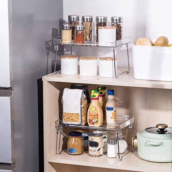 Stackable Cabinet Organizers and Storage, 2-Pack Cabinet Storage Organization, Clear Cabinet Shelves