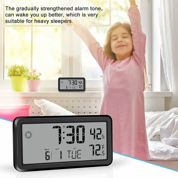 Wall clock with alarm, digital wall clock, with date, week, indoor temperature and humidity, battery-powered black