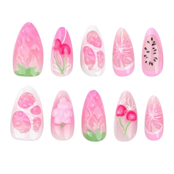 False Nails Almond Medium Glossy 3D Cherry Blossom Design Acrylic False Nails for Women Pink 24 PCS 29 29