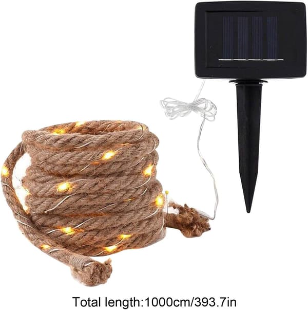 Solar Powered Fairy Lights - 10m Hemp Light Rope with 8 Operating Modes -