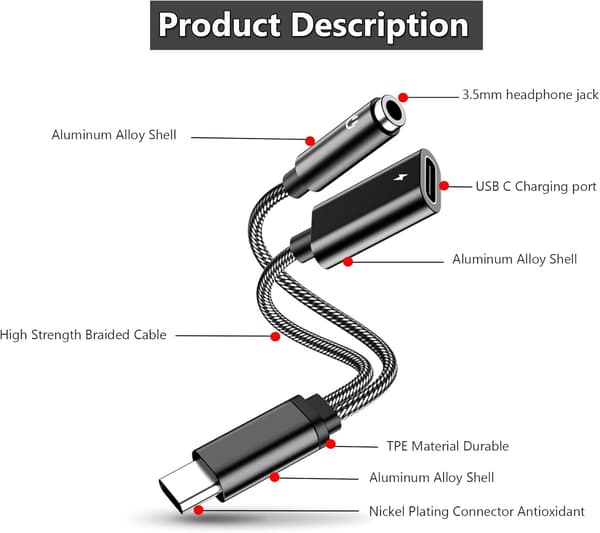 USB-C til 3,5 mm Jack Hodetelefonadapter, 2-i-1 Type C Lydladekabeladapter, Flettet Type C Hodetelefonlydkabel