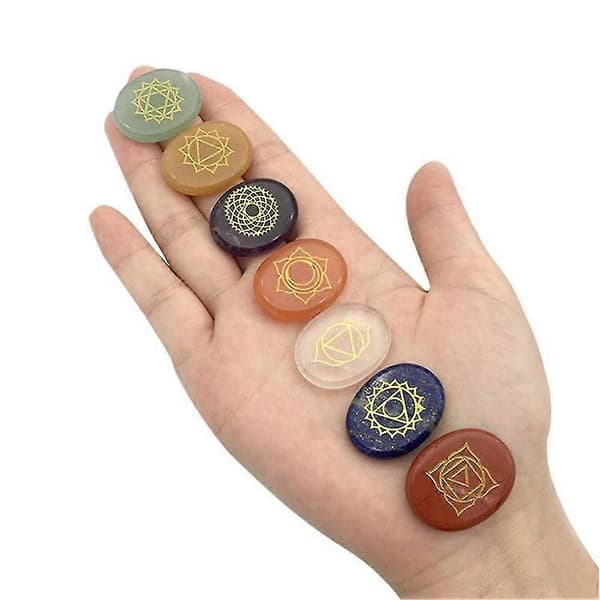 7 stk Chakra Sten Reiki Healing Kvarts Graverede Chakra Symboler Holistisk Balancering Polerede Håndsten