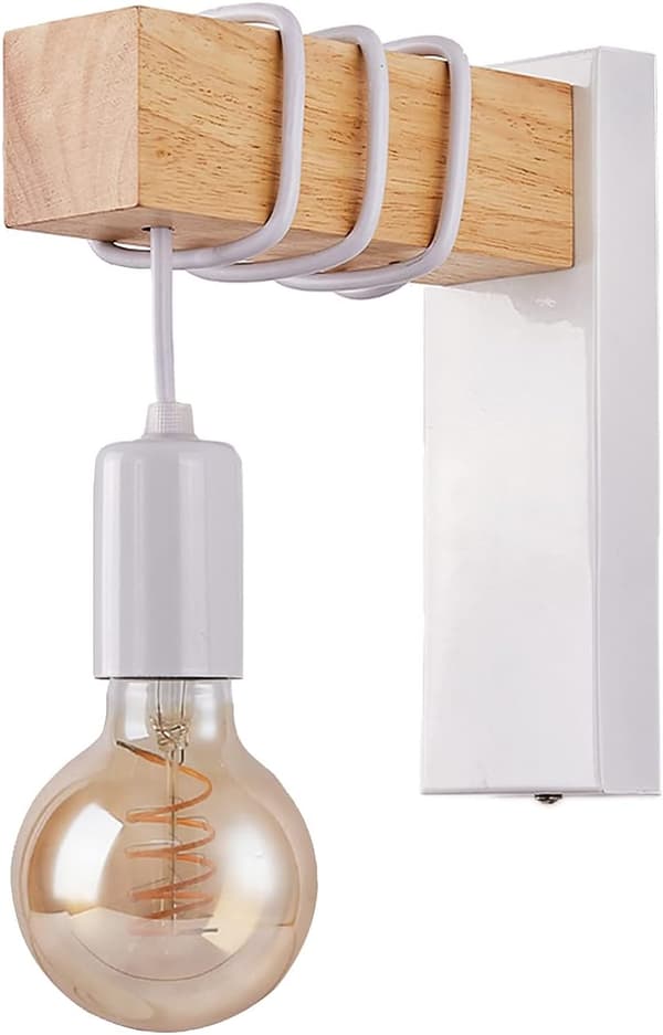 (Vit) Moderne vegglampe i metall og tre, innendørs lampe, E27