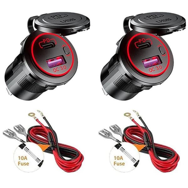2X USB PD Type C & QC 3.0 Car Charger 12V Socket with ON/OFF Switch for Motorcycle RV ATV, Red