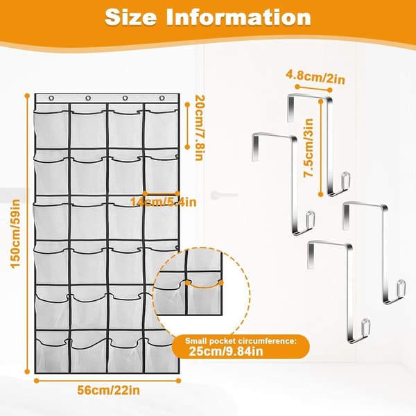 Hanging Shoe Rack - with 24 Mesh Pockets & 4 Hooks - Over-the-Door Storage Rack - Storage Pockets