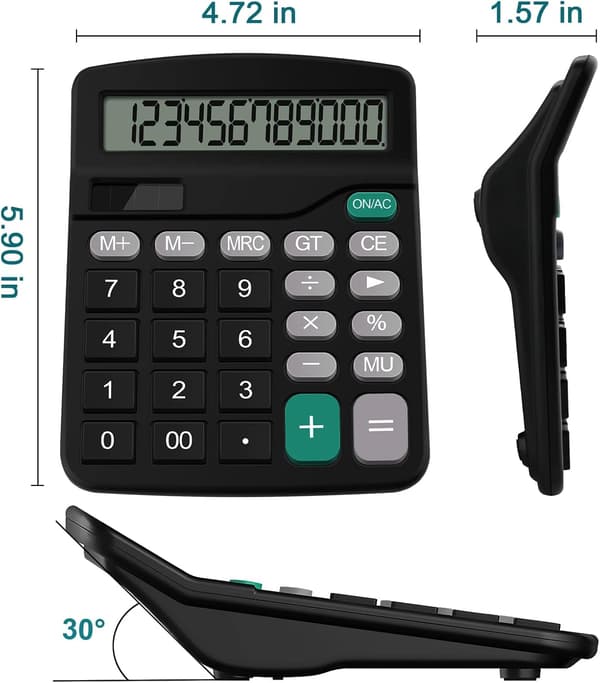 Calculator, 12-digit solar and battery powered desktop calculator w