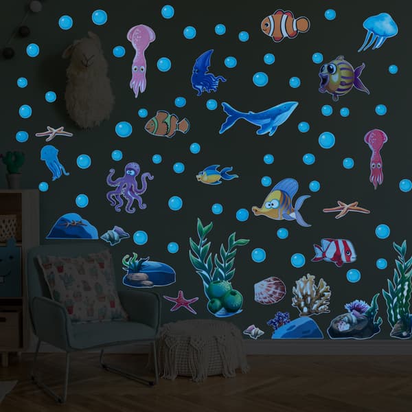 Luminous Ocean Wall Decals, Ocean Theme Fluorescent Stickers Glowing Fish Turtle Jellyfish Wall Decor Underwater