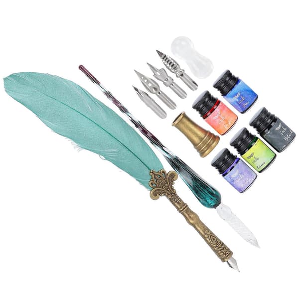 Calligraphy Pen Set Glass Ink Feather Fountain Pen with Replaceable Nibs Writing Gift Box KitSP118043 Pearlescent Dark Green