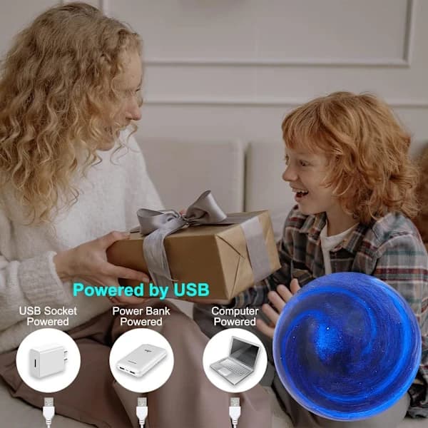 /NN/3D Planet Glaskugle Natlampe, Dæmpbar med 16 RGB Farver, USB Træbase (8cm) c c Parent