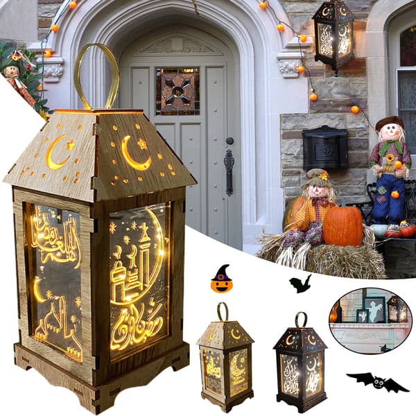 Wooden Wind Lantern Creative Eid Decorative LED Light for Indoor Outdoor C C