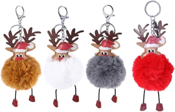 4 stycken julnyckelringar med pompomar, pälshänge, renform