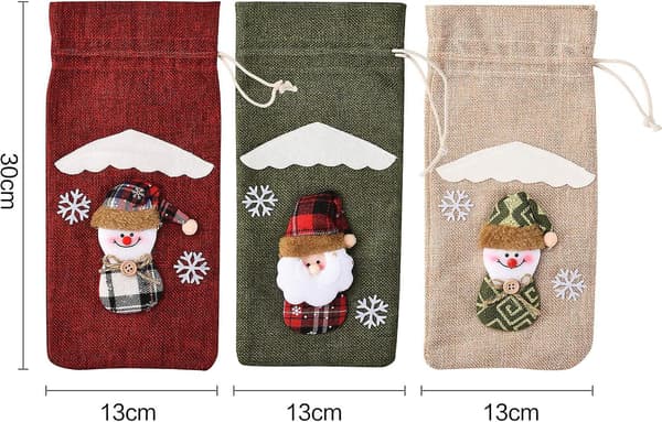 3 st. julöverdrag för vinflaskor, tomte och snögubbe bordsdekoration för jul och nyår