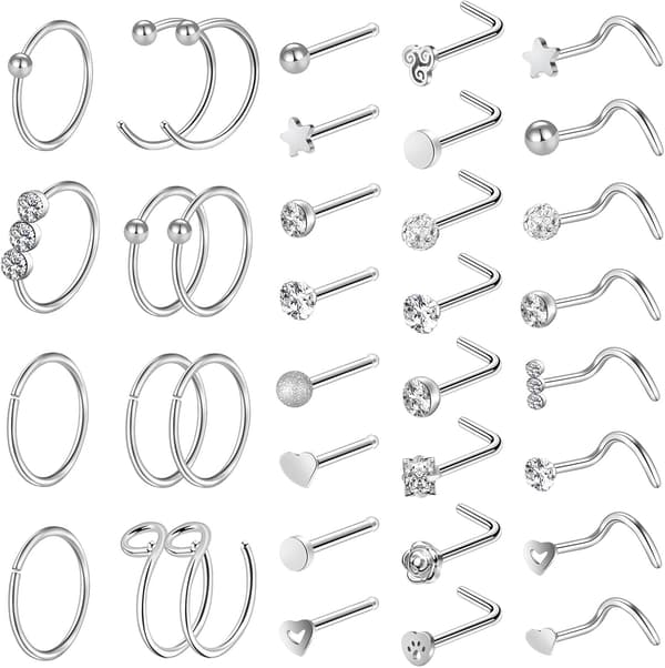 36 STK Neseringer for kvinner: 20G Rustfritt Stål Ringer og Studs - Moderne Ring Stud Design Sølv