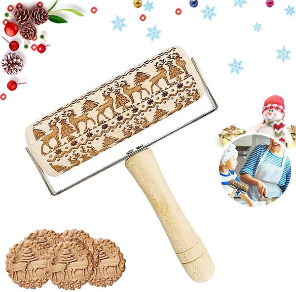 Natural Beechwood Embossed Rolling Pin for Baking Gifts, Moisture-Resistant Decorative Pattern Rolling Pin with Deeply Engraved Christmas Theme for