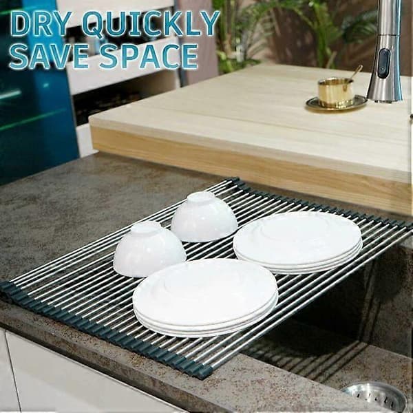 Roll-up dish drying rack, 100% BPA-free foldable sink drainer perfect for fruit, vegetables, plates, silicone coated
