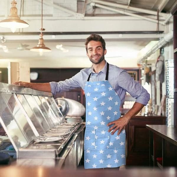 Køkkenforklæde (blåt), køkkenforklæde til kvinder, justerbart forklæde i bomuldslinned til familiekogning, restaurant, grill