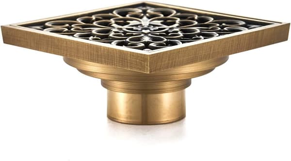Antique Floral Pattern Engraved Unique Square Brass Shower Drain for Bathroom Floor - 10*10cm.