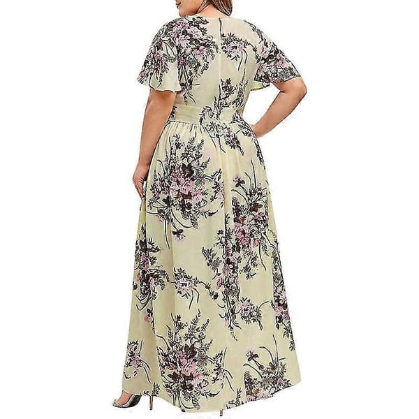 Dam Elegant V-ringad Blommig Strandklänning Sommarfest Sidoslit Lång Klänning Beige L Beige L
