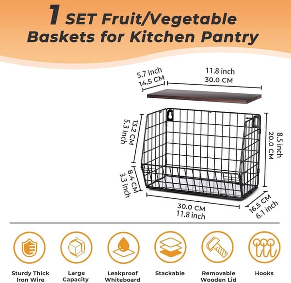 Wall Mounted Fruit Basket (30*15.5*21.6 cm), Stackable Wall Mounted Fruit Basket, Kitchen Vegetable Rack, Metal Fruit Basket, Black