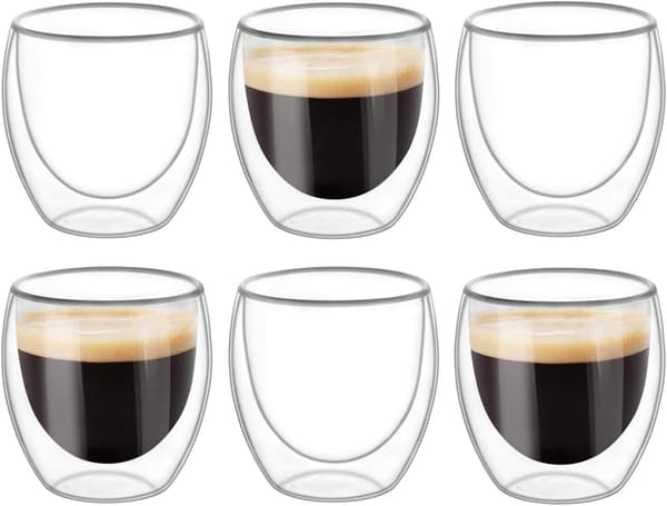 6 stk. dobbeltvæggede glaskrus, transparente dobbeltvæggede kaffekopper, dobbeltvæggede, cappuccino, latte og isolerede (80 ml)