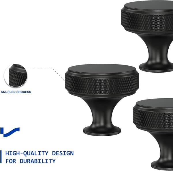 10 Pieces Matte Black Drawer Knobs, Knurled Cabinet Handles for Kitchen, Wardrobe, Bathroom, Modern Round Design