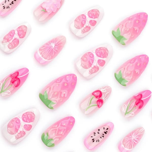False Nails Almond Medium Glossy 3D Cherry Blossom Design Acrylic False Nails for Women Pink 24 PCS 29 29